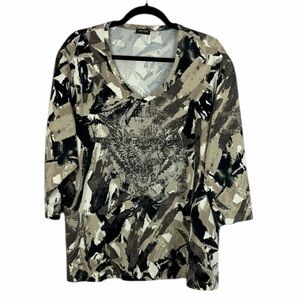 Gerry Weber Casual Abstract Embellished Long Sleeve Cotton Top Size 18 Black Tan
